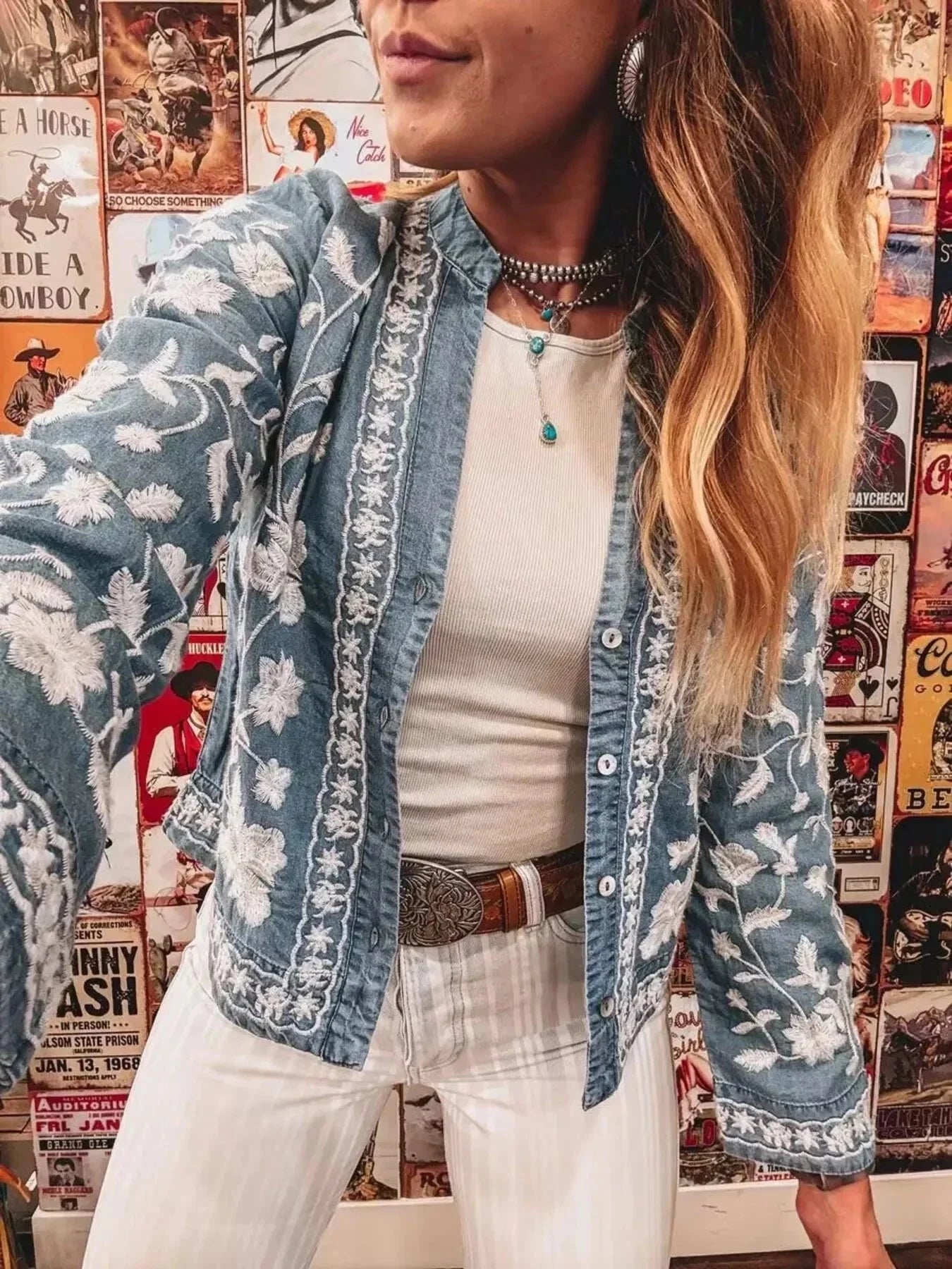 Floral Embroidered Button Up Denim Shirt - VILLA FASHION